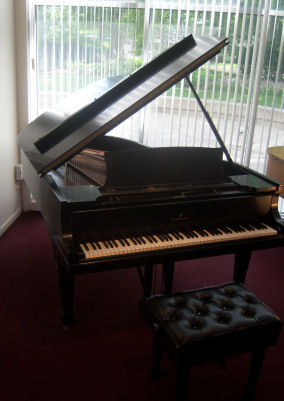 Piano with plaza view.